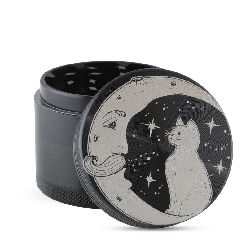 Custom Engraved Herb Grinder with Moon Kitten Design on 5 Part Black Aluminum  Magnetic Top Pollen Screen Great Gift Custom Orders Available 