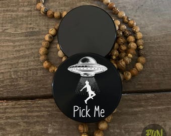 UFO Pick Me Etched Design Herb Grinder 5 Part Black Aluminum - Magnetic Top - Pollen Screen \\ Custom Orders Available