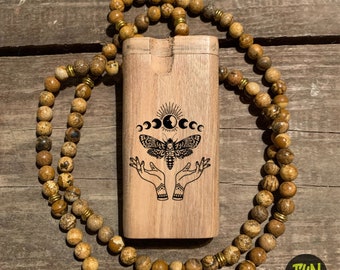 Death Head Moth Celestial Hands Predesigned Engraved 4-inch Wood Dugout One Hitter Comes with Choice of Pipe - Custom Orders Available