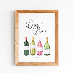Watercolor Open Bar Sign, Wine Sign, Holiday, Birthday Party, Shower, Drink Bar Sign, 8x10, INSTANT DOWNLOAD, Ready to Print, Not Editable