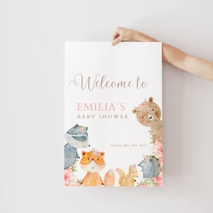 Girl Woodland Baby Shower Welcome Sign, Birthday Party, Pink Floral Woodland, Forest Animals, Editable, Custom Size, DIGITAL DOWNLOAD