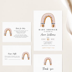 Puede incluir: Cuatro tarjetas con un diseño de arcoíris. La tarjeta superior es una invitación a un baby shower para Anna Williams. Las otras tarjetas son para libros para el bebé, una rifa de pañales y un agradecimiento.