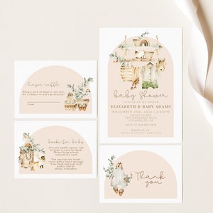 Bohemian Baby Shower Suite, Invito, Grazie, Raffle di pannolini, Scheda richiesta libro, Arch Baby Shower & Boho Clothesline, Modificabile, DIGITAL