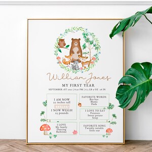 1st Birthday Milestone Poster, Woodland First Birthday Sign, Gender Neutral, Printable, Editable, Custom Size, DIGITAL DOWNLOAD
