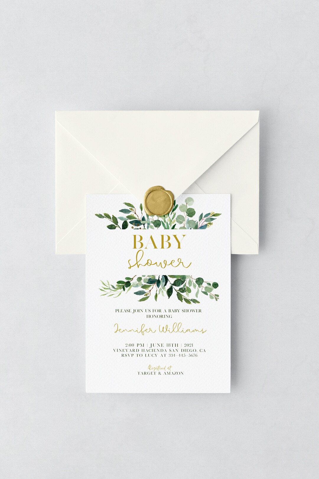 Greenery Gold Baby Shower Invitation, Gender Reveal, Birthday