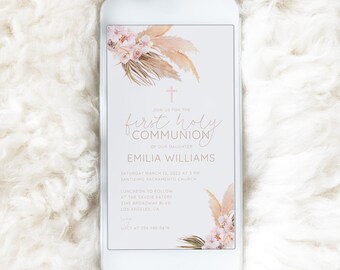 Floral Pampas Holy Communion Invitation: Boho Baptism Evite (Digital Download)