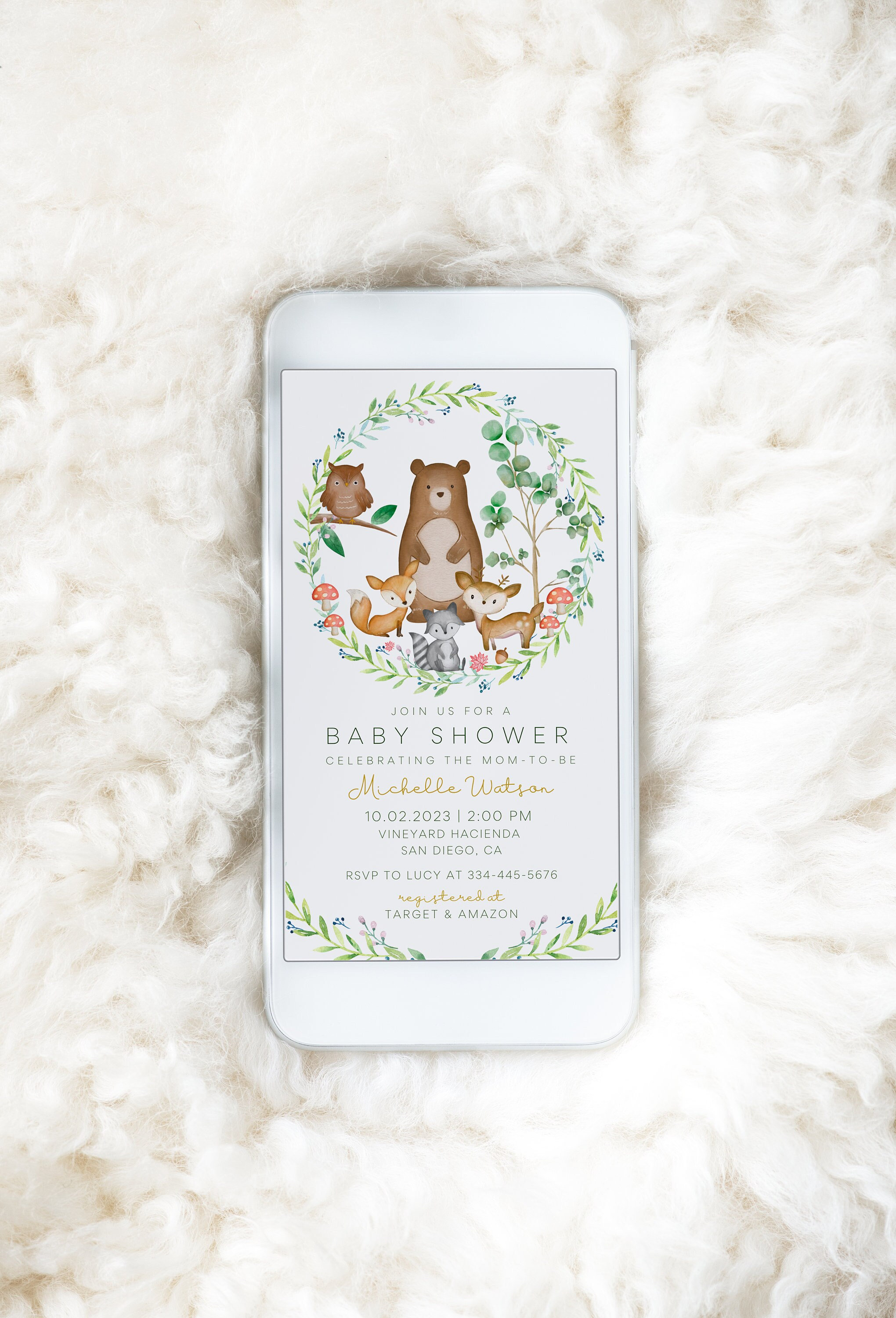 Smartphone Woodland Baby Shower Invitation Gender Neutral iPhone First Birthday Invite Gender Reveal Forest Animals Birthday