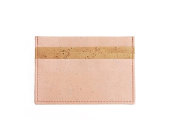 Cork card holder | Vegan slim credit card wallet | Pink and natural cork - Eco-friendly