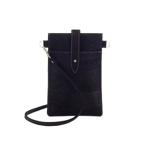 Mini cork cross body bag | Black vegan leather cell phone purse - Eco-friendly