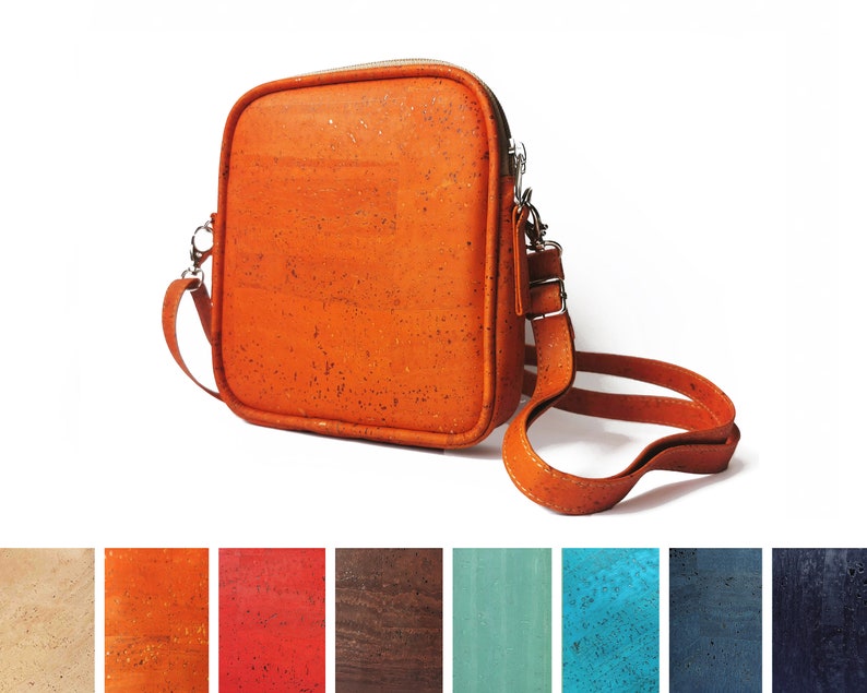 orange cork crossbody bag with various available colours underneath