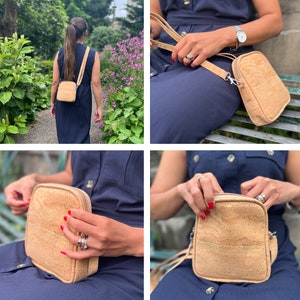 Collage of four different photos of our model holding and using our natural cork crossbody bag