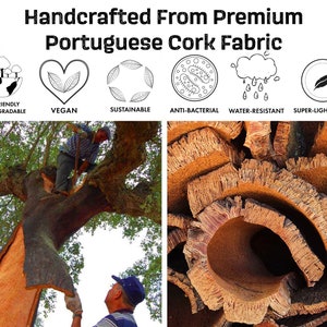 Information logos about cork (vegan, waterproof, lightweight, sustainable, biodegradable, eco-friendly) plus two images underneath of the cork being harvested and a close-up detail of the bark