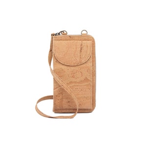 Bolsa carteira transversal de cortiça para celular | Bolsa carteira de couro vegano com zíper para celular para mulheres - Ecológica e leve