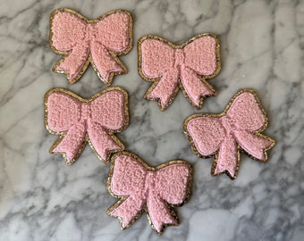 Parche de lazo de chenilla rosa con purpurina dorada, adhesivo 3M, termoadhesivo (5,7 cm de altura)