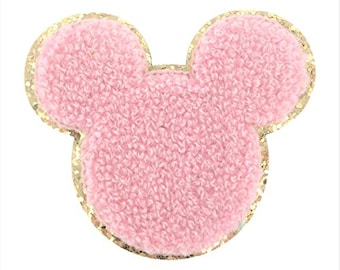 Parches con la inicial del equipo universitario de chenilla rosa y brillos dorados, para planchar, 2.5" de altura (Mickey)