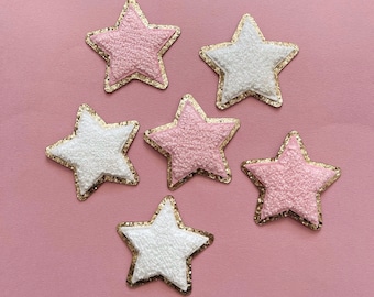 Parches iniciales gold glitters & pink chenille Varsity, adhesivo Adhesivo Iron On, 2.25 " de altura (estrella)