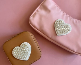 Pearls Beaded Hearts Initial Patches, Adhesive Sticker Iron On, 2.5&quot; Height (Hearts)