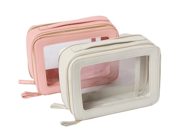 Neceser grande transparente, con marco de piel sintética, estuche de maquillaje de viaje.