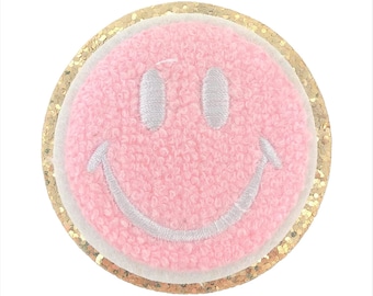 ZOOX Gold Glitters & Pink Chenille Varsity Initial Patches, Adhesive Sticker Iron On, 2.50&#39;&#39; Height (Smiley)