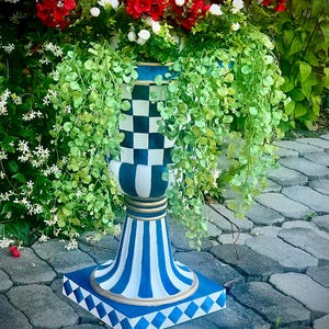 Hand-painted Royal Blue & White Urn Planter, Gold Trim, 27" X 16" Diamond and squares shapes.
