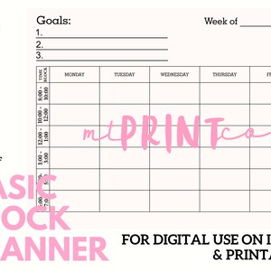 May include: A printable weekly planner with a basic block layout. The planner has a section for goals and a daily schedule from 8:00 AM to 7:00 PM. The planner is designed for digital use on an iPad and is printable.