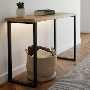 Console Kiuub, chêne à chant naturel / pieds en acier noir / design industriel, 100 cm