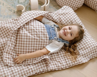 Organic Cotton (OEKO-TEX) Nap Mat with Detachable Pillow for Toddlers, Montessori Approved Daycare, Preschool, Gender Neutral Brown Gingham