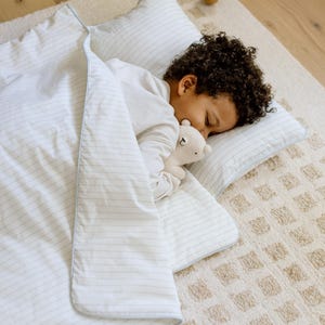XL Organic Toddler Nap Mat with Blanket & Pillow – Nap Mat with Carrying Matching Bag – Daycare, Preschool, Washable, Blue Stripe for Boy