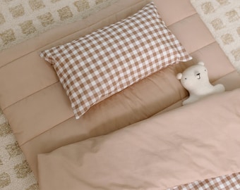 Organic Portable Bedding Set for Kids I Brown Gingham Kids Bedroom Bedding I Gender Neutral Personalized Daycare Nap Mat