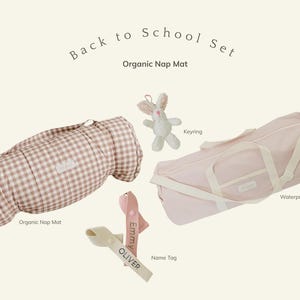Back to School Essential Organic Nap Mat Set with Organic Cotton Nap Mat with Pillow and Blanket, Waterproof Bag, Personalized Name Tag