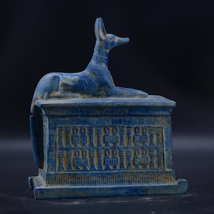 Anubis Altar Box – Egyptian Jackal Figurine on Hieroglyphic Chest | Handcrafted Blue Sculpture for Spiritual Decor & Mythology Collectors