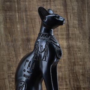 Bastet Black Large Statue I Unique Egyptian Goddess Cat Sculpture, Hieroglyphs I sacred symbol of protection I Spiritual Energy Altar Decor