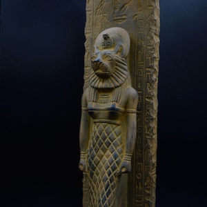 Statue of Goddess Sekhmet Sculpture Heavy Stone Earthy Black with Hieroglyphic Panel Ancient Egyptian Spiritual Altar Decor Lioness Deity