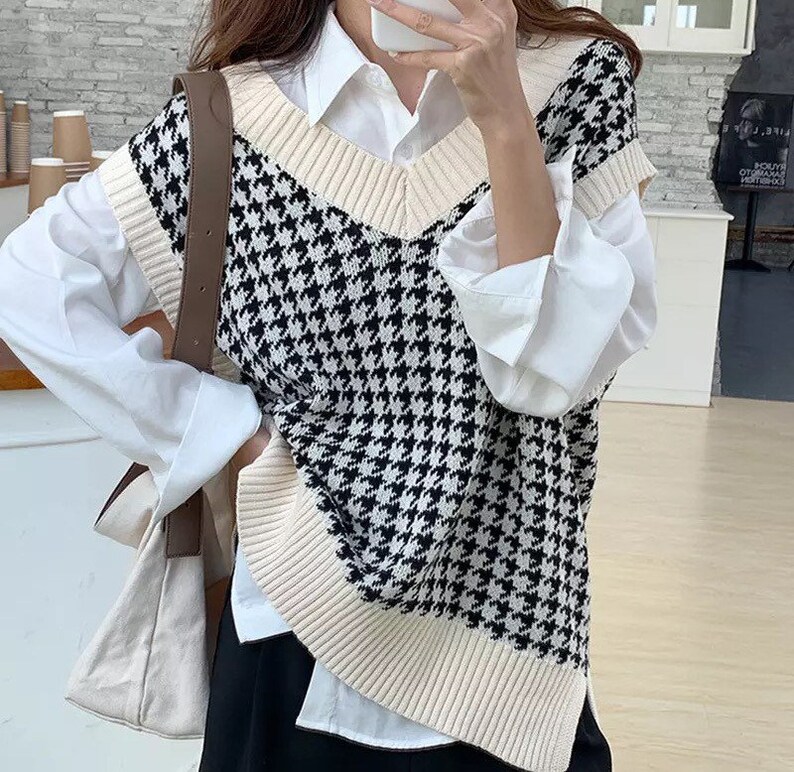 Womens Houndstooth Vest Sweater Casual V Neck Sleeveless Etsy