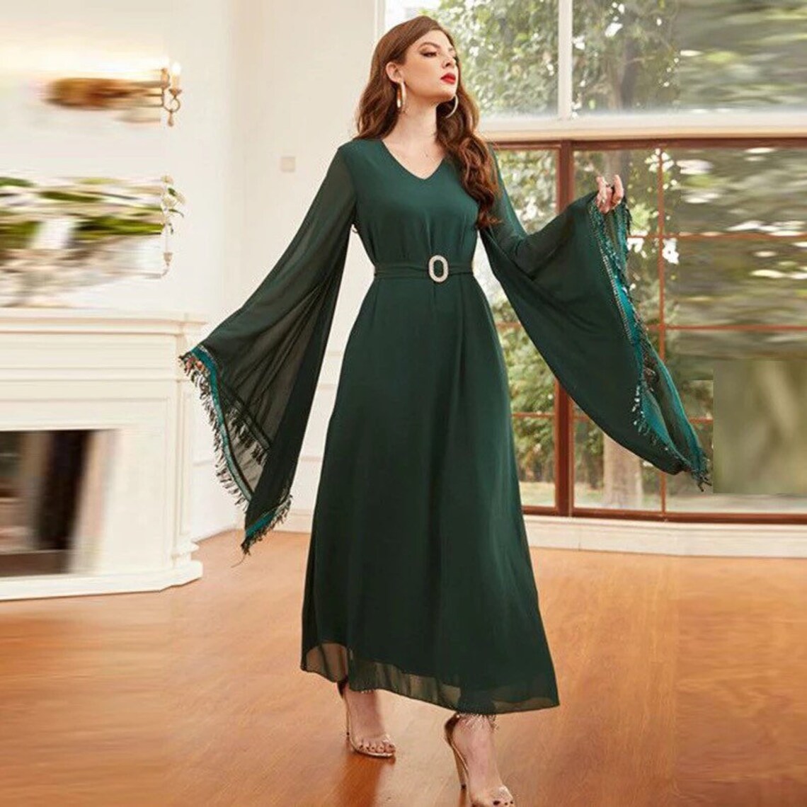 Green Belted Abaya Dubai Arabic Hijab Muslim Dress Long Flared | Etsy UK