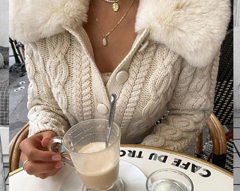 cropped cardigan with fur collar