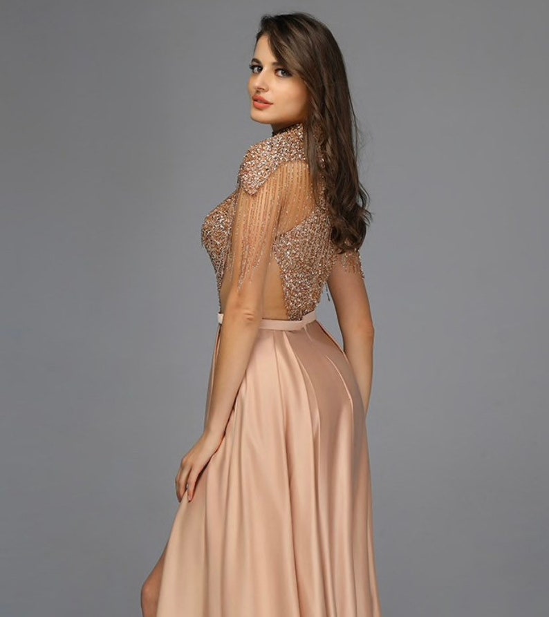 Gold High Neck Tassel Sparkle Evening Dress Etsy