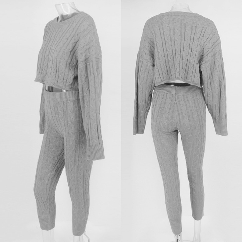 Cute Two Piece co-ord set Cosy knitted loungewear crop Top jumper And legging pant set