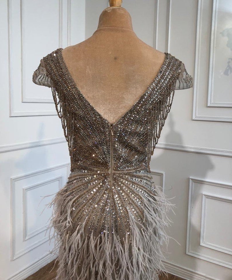 Luxury Feathered V Neck Evening Dress Heavy Beading Sequined Etsy UK