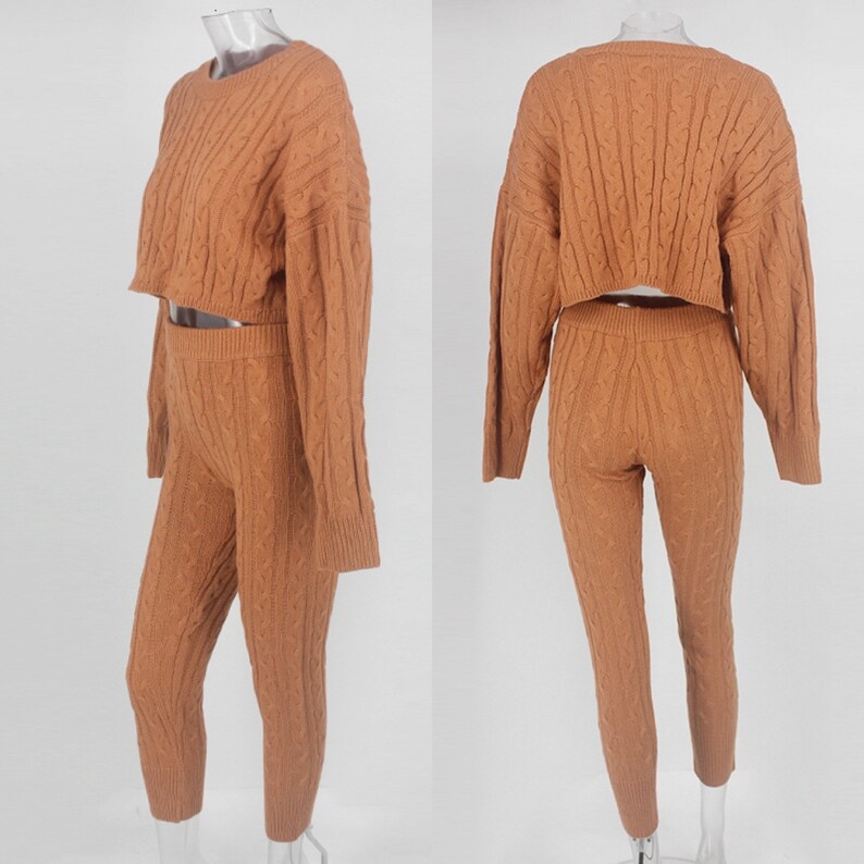 Cute Two Piece co-ord set Cosy knitted loungewear crop Top jumper And legging pant set