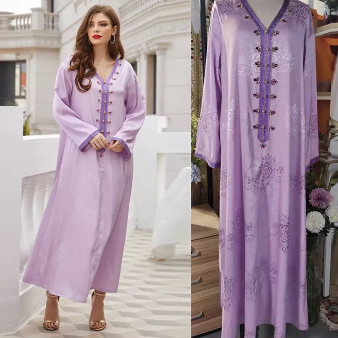 Lilac Abaya Dubai Arabic Hijab Muslim Dress half sleeve long | Etsy