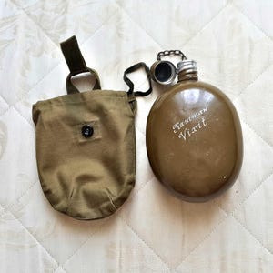 Soviet Army water flask, Vintage Military Aluminum Alcohol flask soldier, Original Water Bottle with khaki cotton pouch attaches to the belt