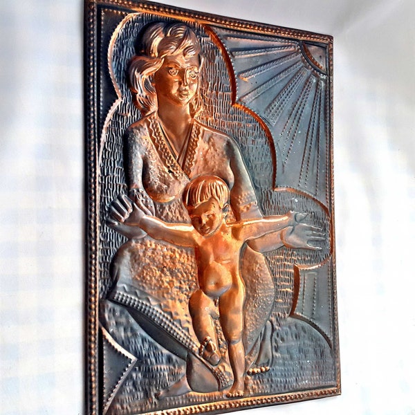 Copper Picture Woman with Baby, carving chasing Metal, Soviet Vintage,Mother-child painting,Wall Decor USSR, Picture Girl,Home decor,Madonna