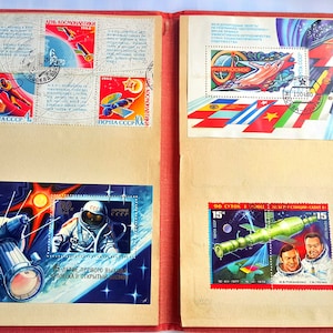 Álbum de 48 sellos espaciales con emblema de los Juegos Olímpicos de Moscú de 1980, URSS, álbum espacial, libro espacial, viajes espaciales, tema de exploración espacial.