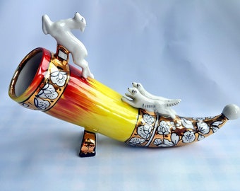 Porcelain Horn,Soviet drinking horn,wineglass,goblet,cornucopia,ashtray,Vintage Porcelain Figurine,hunting dog,Hunting Decor,Home decoration