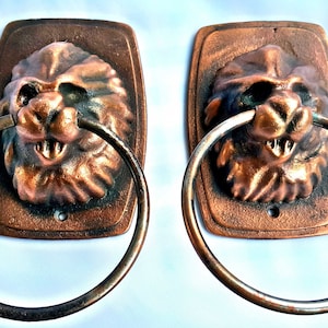 Può includere: Due anelli porta asciugamani in stile antico con disegni di testa di leone. Gli anelli sono in metallo e hanno una finitura in rame. Le teste di leone sono dettagliate e hanno un aspetto realistico.