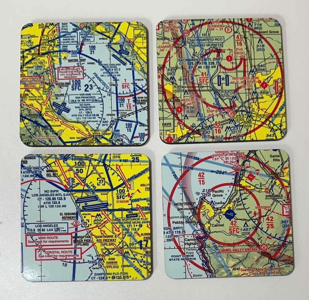 VFR Ac=viation Chart Coasters - Los Angeles, Monterey, Sacramento, San ...