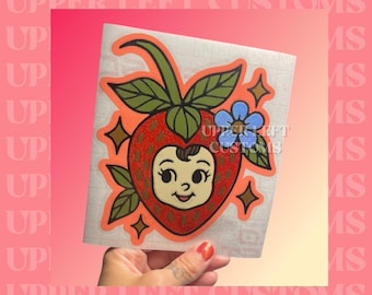 Strawberry Queenie Decal | Retro Kewpie-Inspired Fruit Darling | Vinyl Sticker – First in The Fruit Darlings Collection