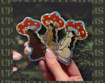Mushroom Girl Glitter Sticker – Holographic Vinyl | Waterproof, Dishwasher Safe, Iridescent Finish | 3 Skin Tones Available