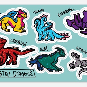 Puede incluir: Un conjunto de ocho pegatinas con dragones coloridos con diferentes banderas de orgullo LGBTQ+. Cada pegatina tiene un dragón con un esquema de color diferente y una etiqueta que identifica la bandera que representa. Las etiquetas incluyen: Pan, Lesbiana, Trans, Bisexual, Gay, Asexual. Las pegatinas están sobre un fondo azul claro con el texto "LGBTQ+ Dragons" en la parte inferior.